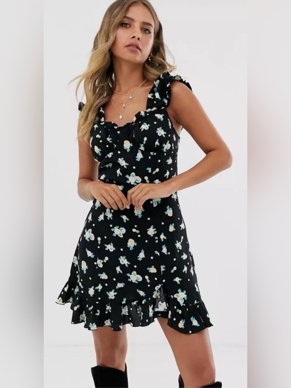 Free People Like A Lady Printed Mini Babydoll Dress Black Floral.Size: M